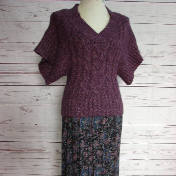 Purple Pink Flecks Cable Knit V Sweater S/Sleeve - Picture 2 of 14